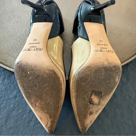 Jimmy Choo Black and Cream Color Block Cut Out Heels